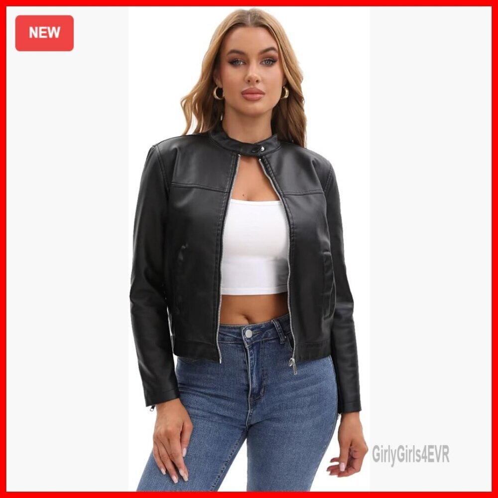 Faux Leather Motorcycle Jacket with Pockets, Zip-Up Biker Style